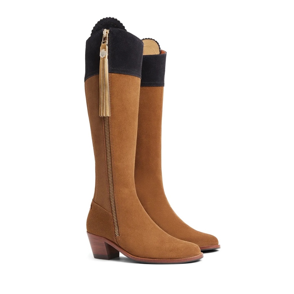 Fairfax and Favor 10 Year Anniversary Heeled Regina Boots Tan/Navy Suede